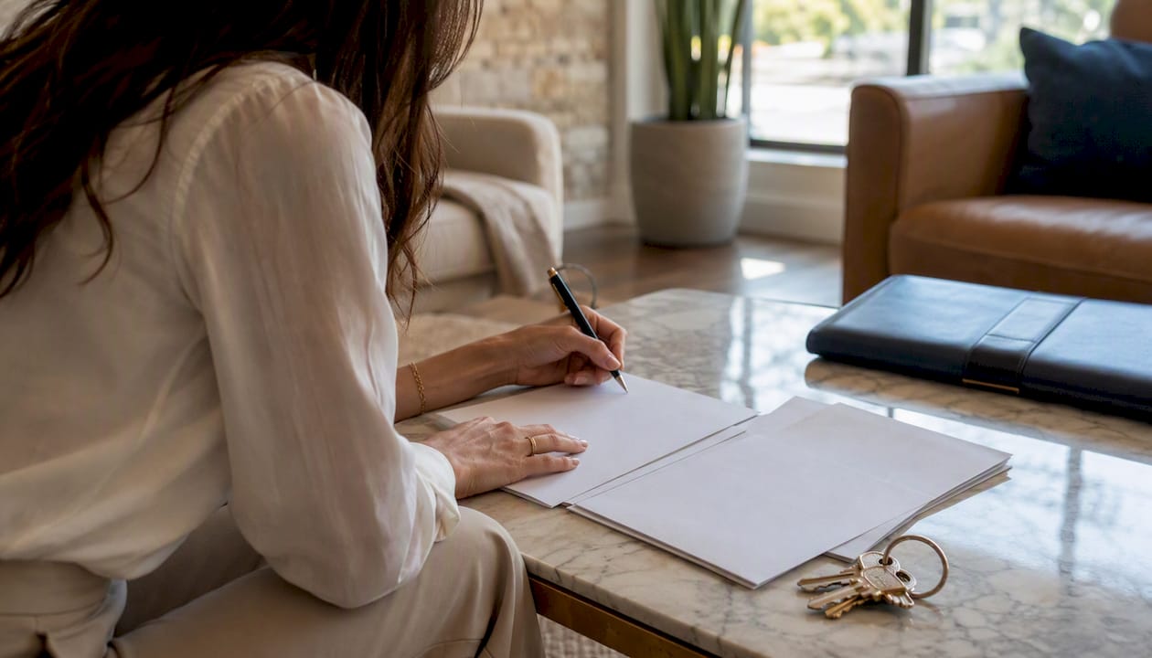 Closing documents and house keys on wooden table