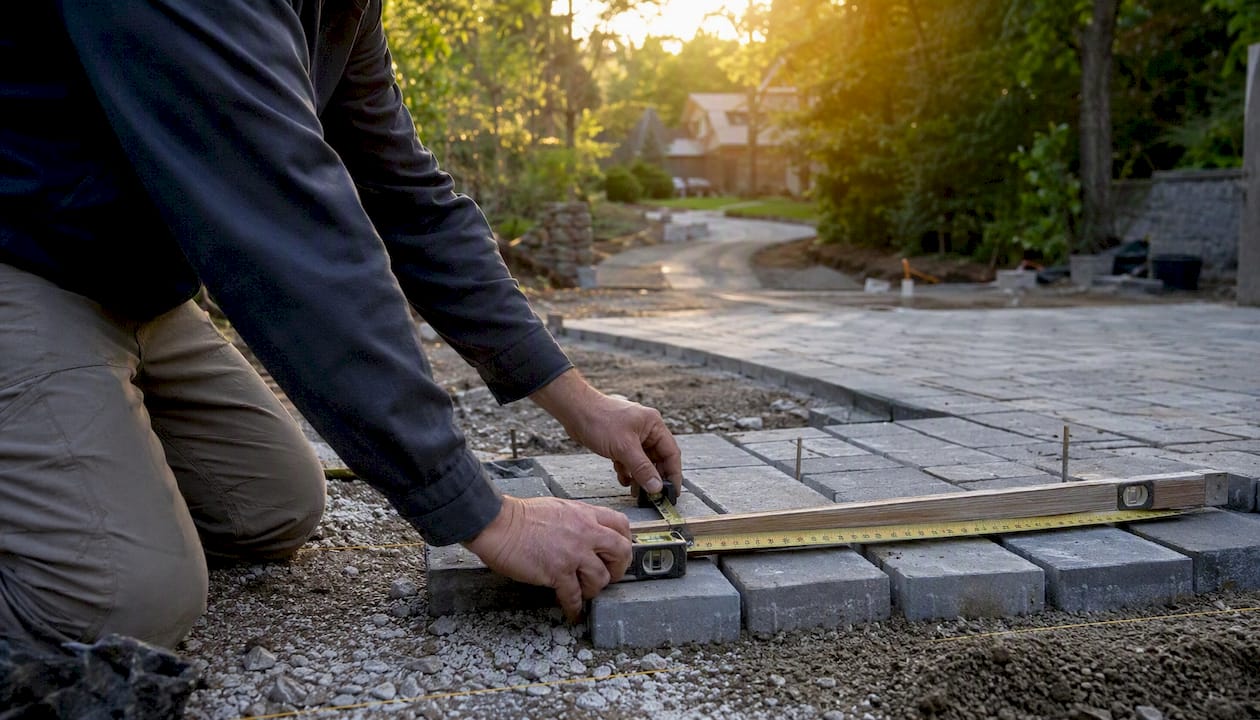 Engineer measuring permeable pavers