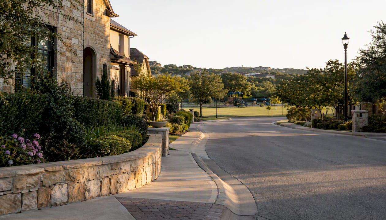 Gated luxury Austin neighborhood street view
