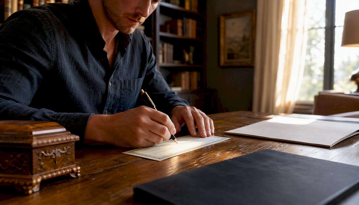Hands writing earnest money check on desk