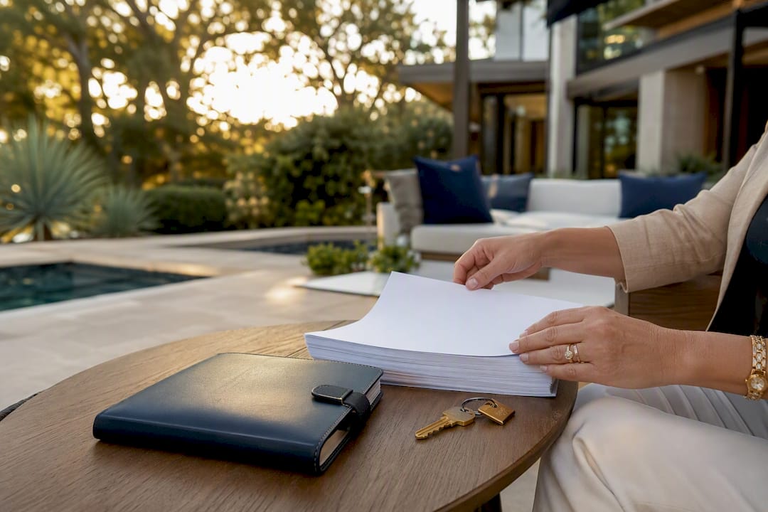 Hands organizing blank closing documents and keys