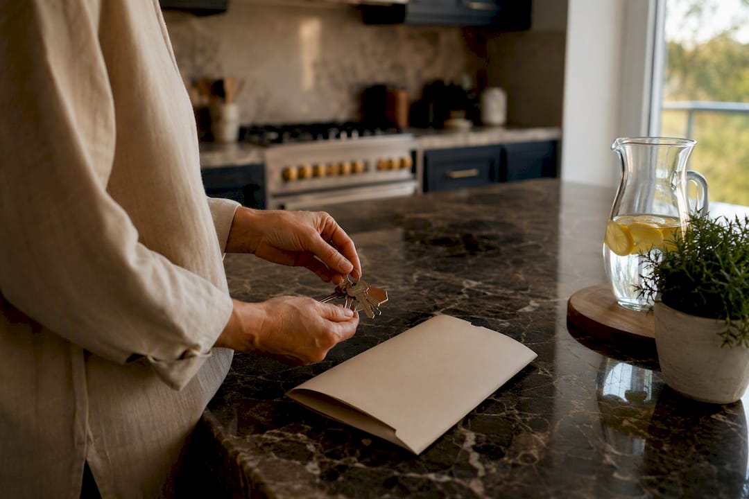 Hands arranging keys and contract envelope