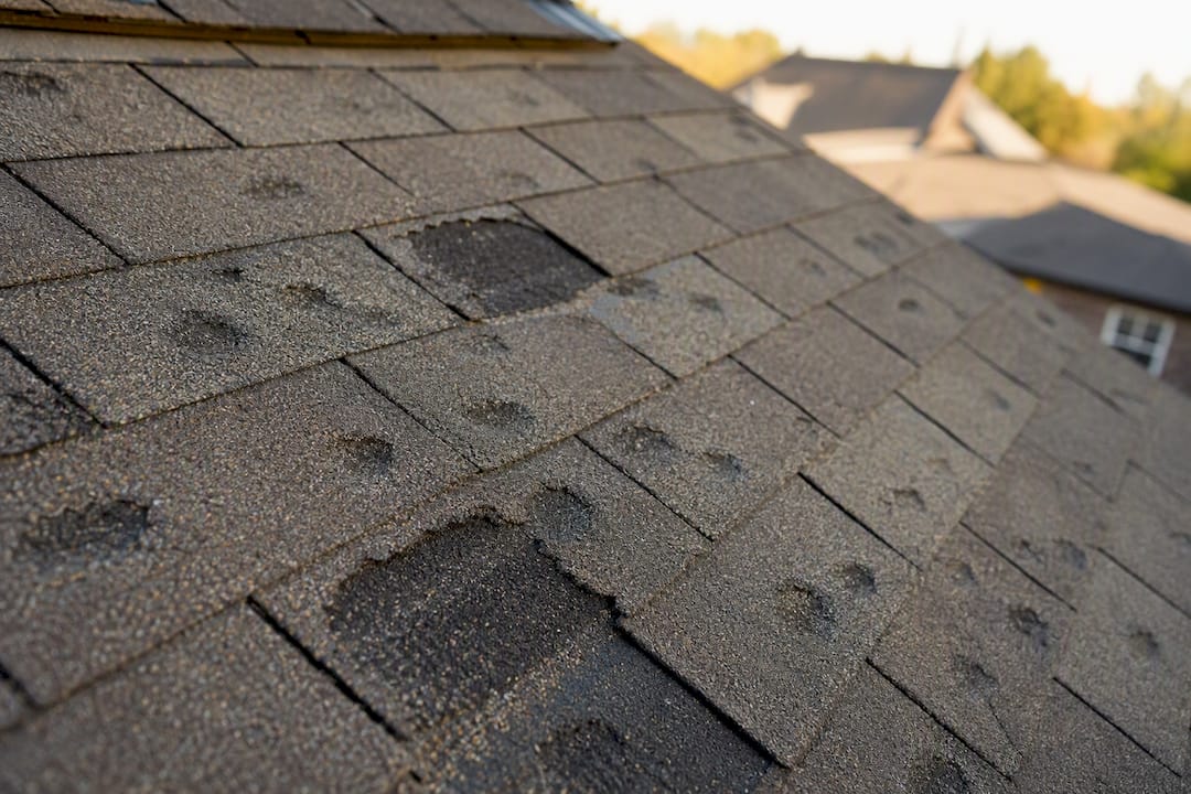 Close-up of hail-damaged roof shingles