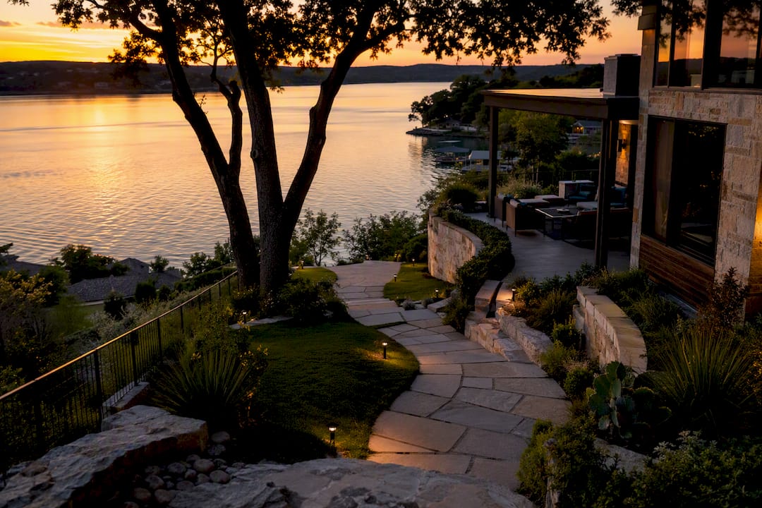 Luxury waterfront home exterior in Austin