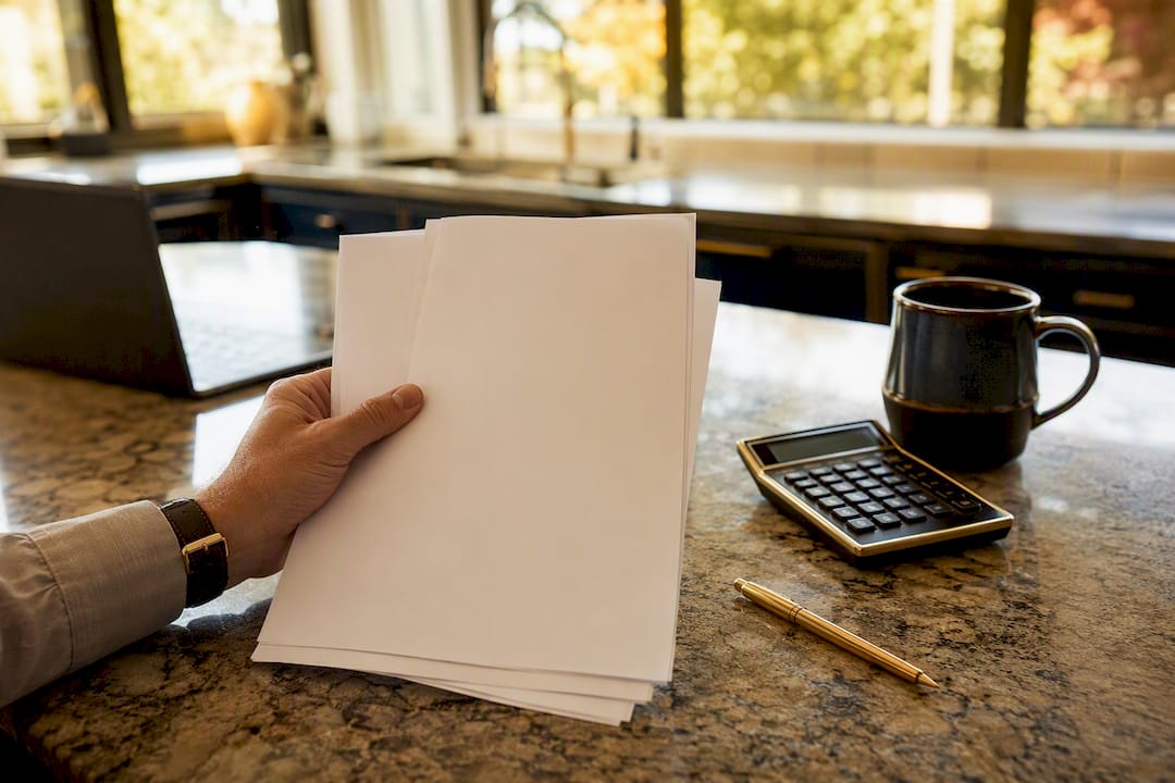Hands holding mortgage payment schedule papers