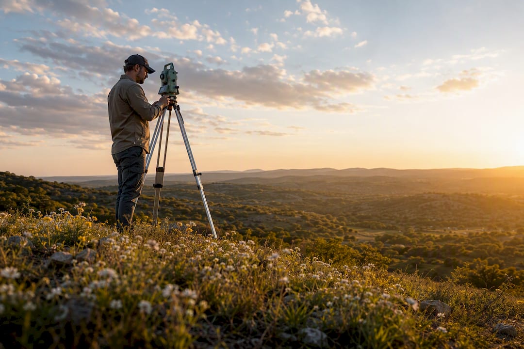 Surveyor measuring equipment on rural acreage