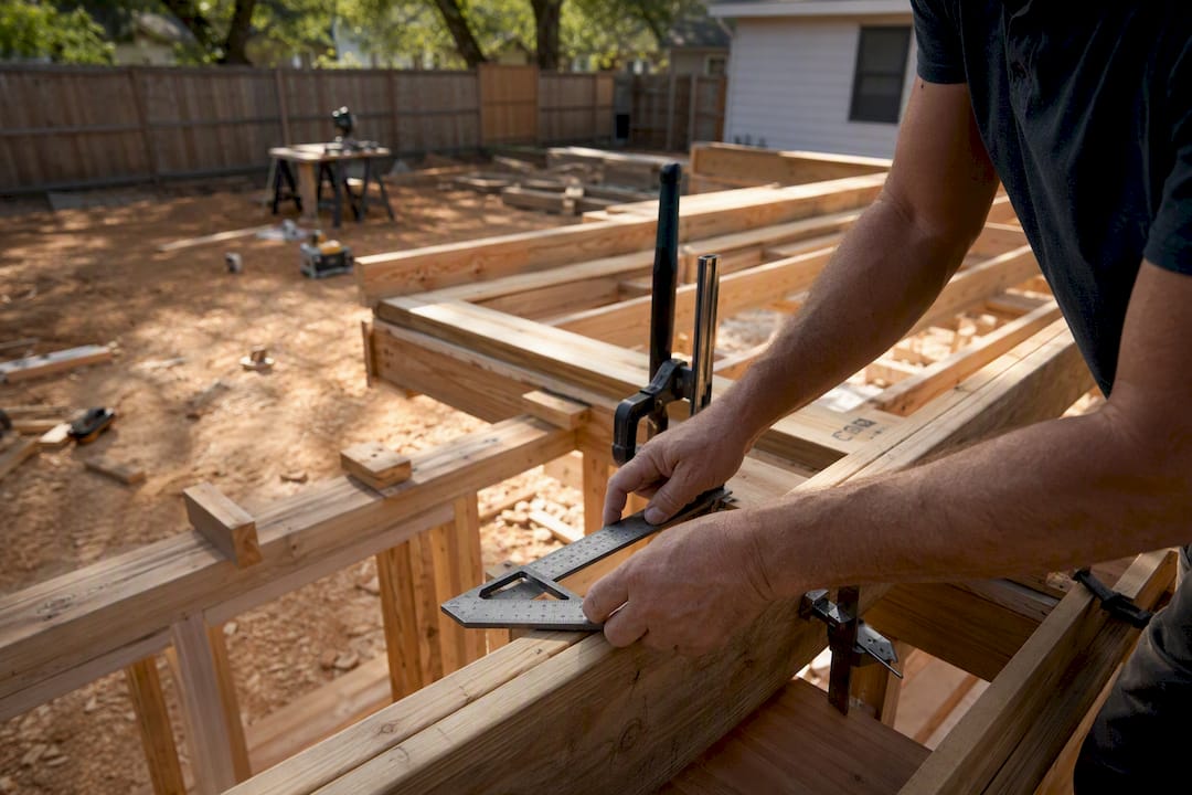 Carpenter measuring wooden framing on Austin ADU construction