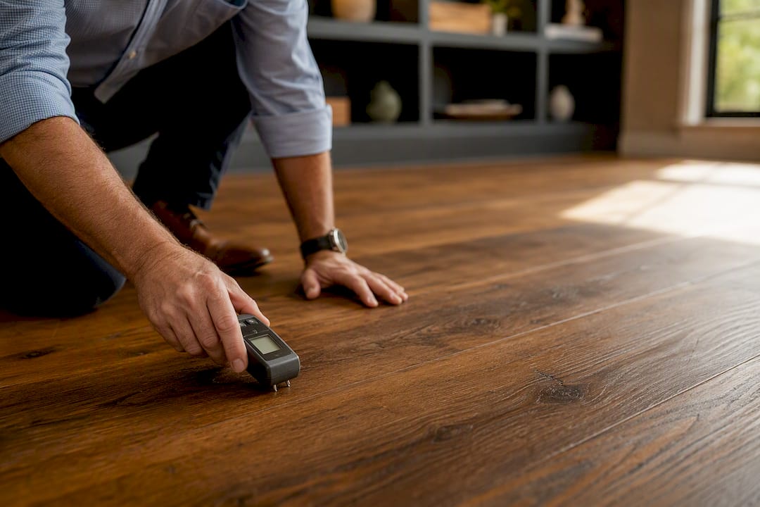 Hand using moisture meter on wooden floor