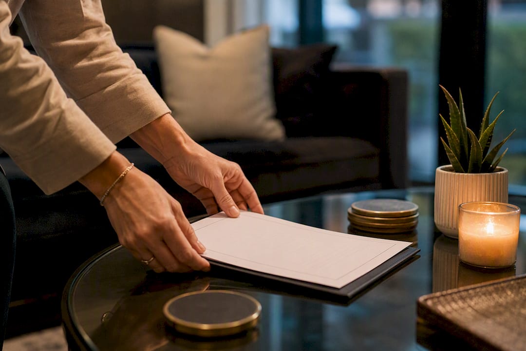 Hands placing signed real estate contract on table