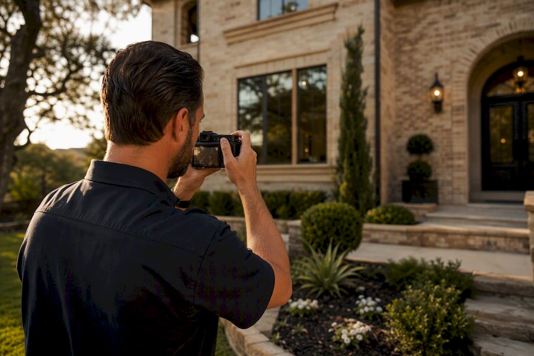 Photographer taking photos of house exterior details