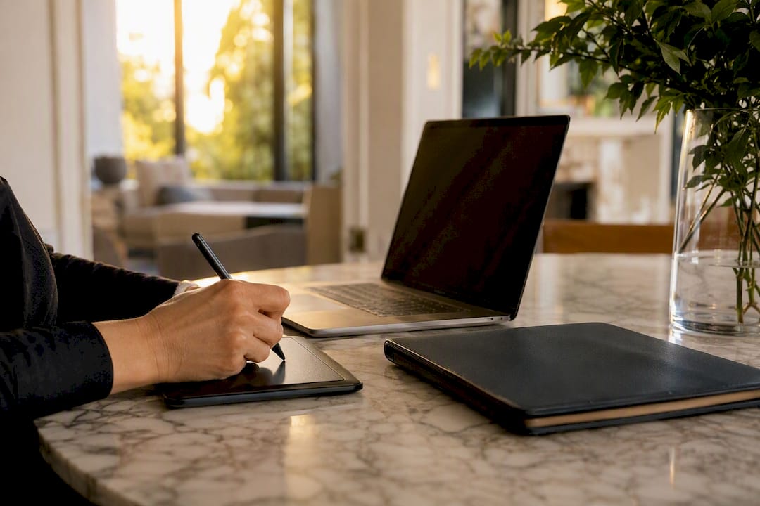 Hands signing documents digitally during remote home closing