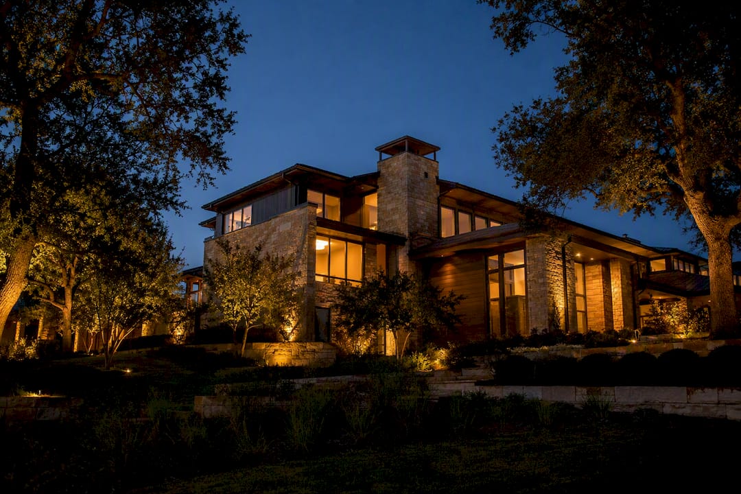 Twilight view of luxury Austin home exterior