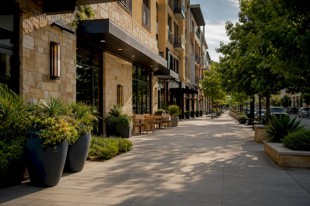 Mueller neighborhood pedestrian-first retail street in Austin