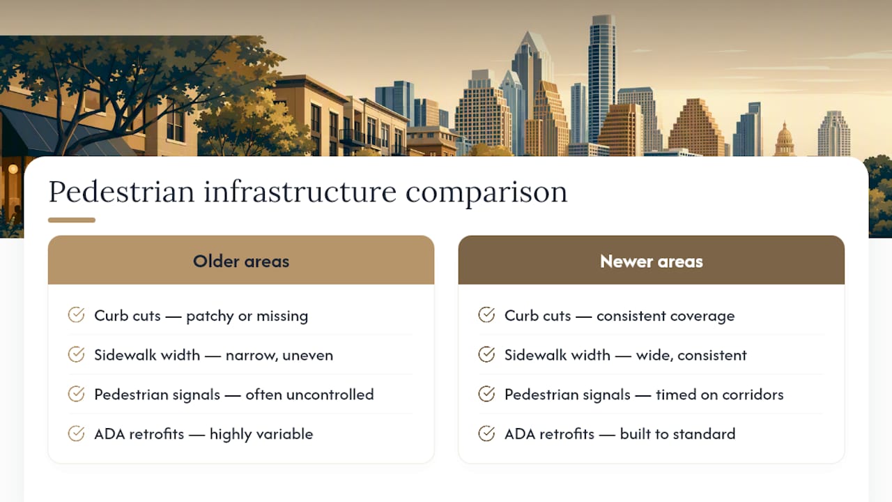 Diagram comparing sidewalk accessibility features in Austin neighborhoods