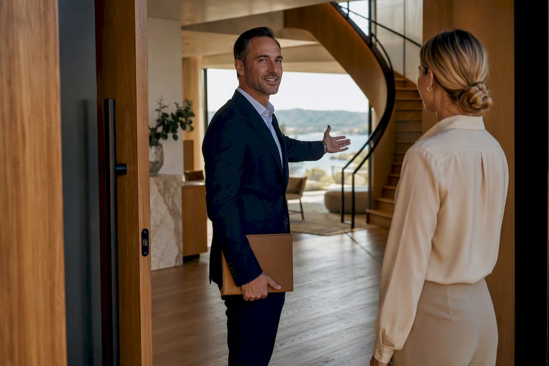 Agent guiding buyer through luxury home
