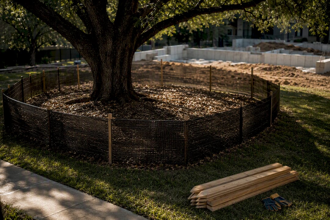 Fence protecting oak tree root zone