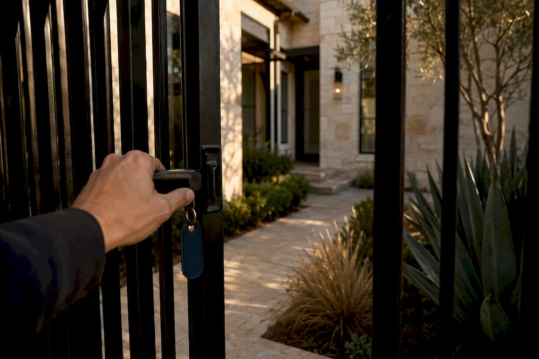 Private Austin luxury home viewed through gate