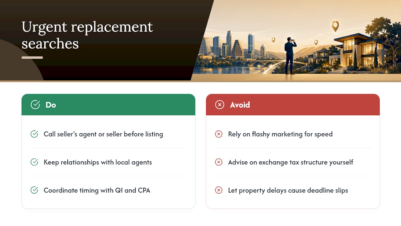 An Agent's View on Urgent Replacement Searches — overview diagram