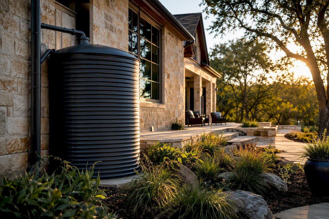 Rainwater cistern beside Austin limestone home