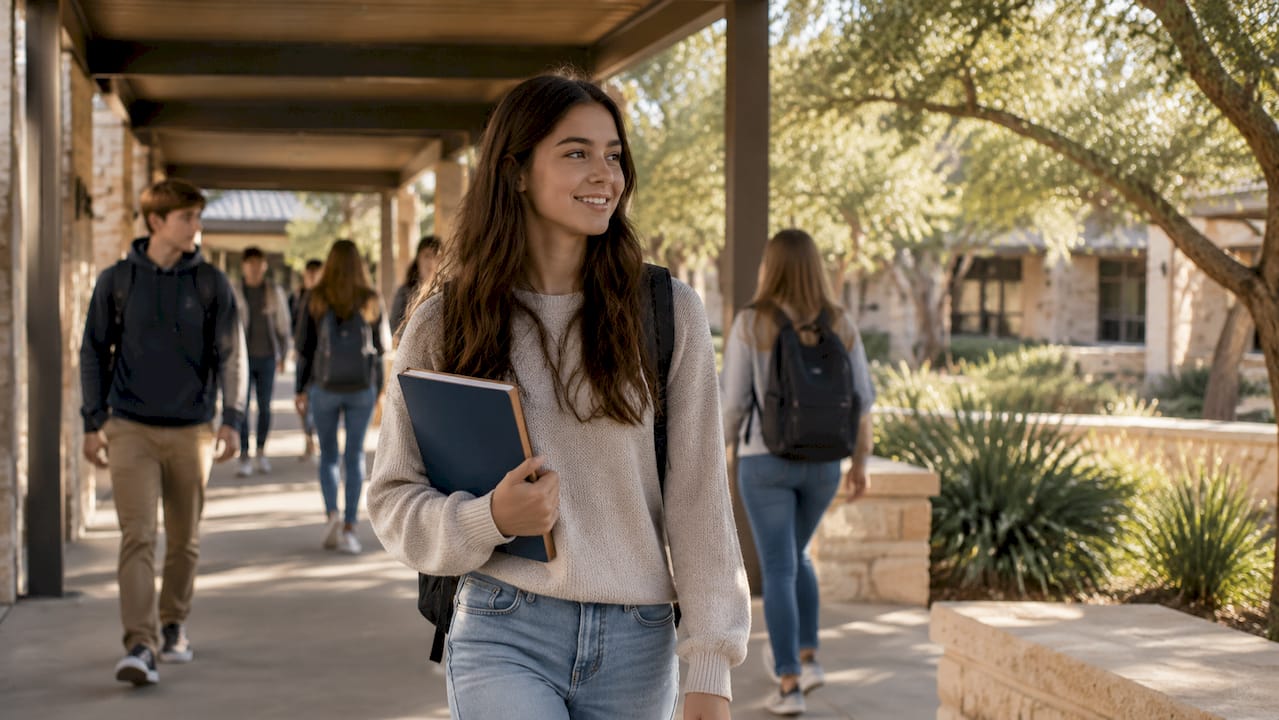 Students walking through Texas school courtyard