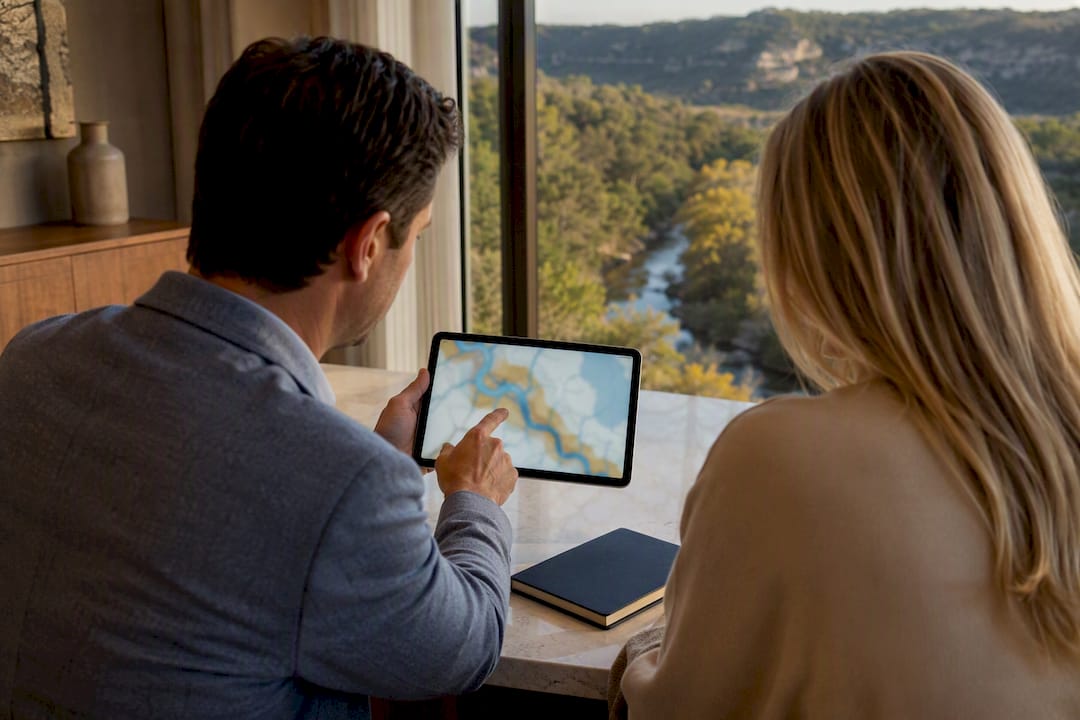 Advisor reviewing Austin flood-zone map