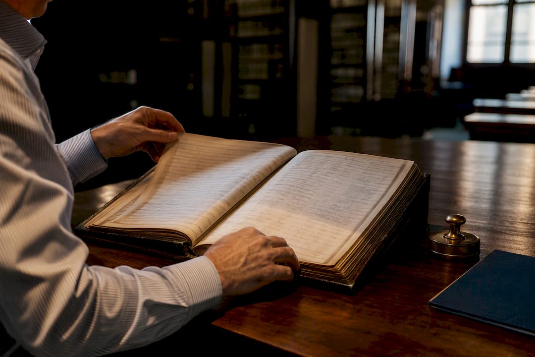 Hands reviewing deed records in courthouse archive