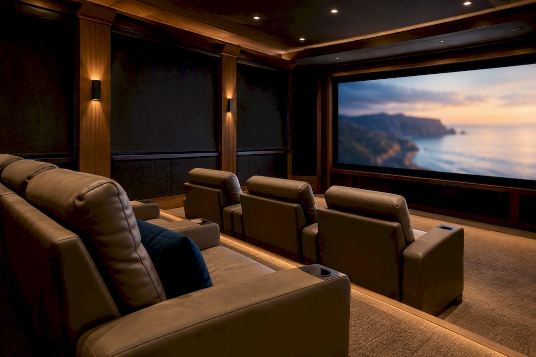 Luxury theater with coordinated lighting and acoustics