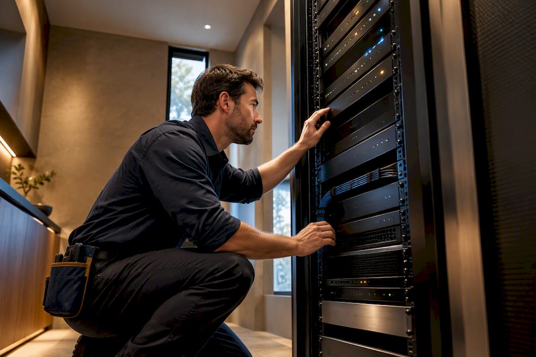 Integrator inspecting luxury home equipment rack