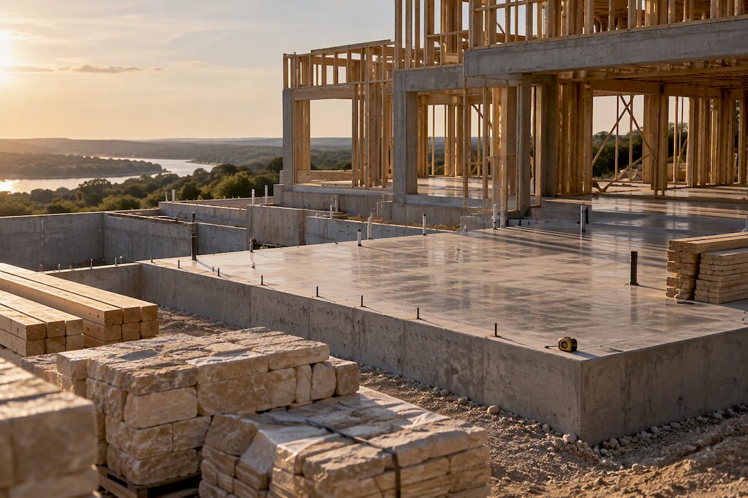 Unfinished luxury home construction site in Austin
