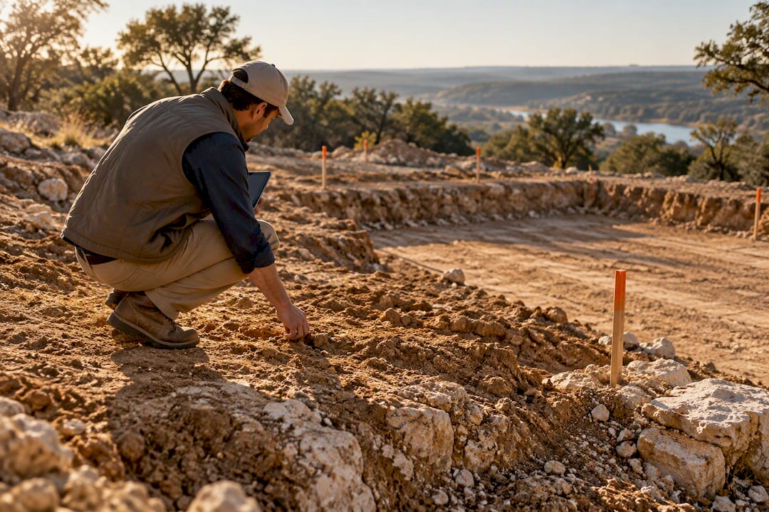 Austin lot showing soil, limestone, and grading conditions