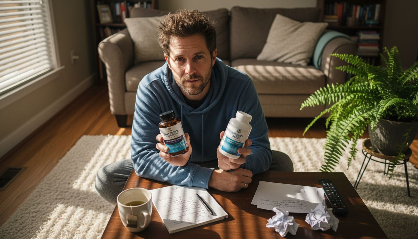 Man comparing supplement bottles at table