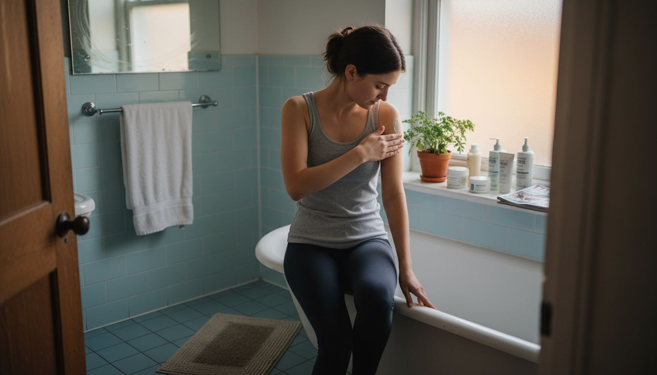 Woman applying topical body cream in bathroom