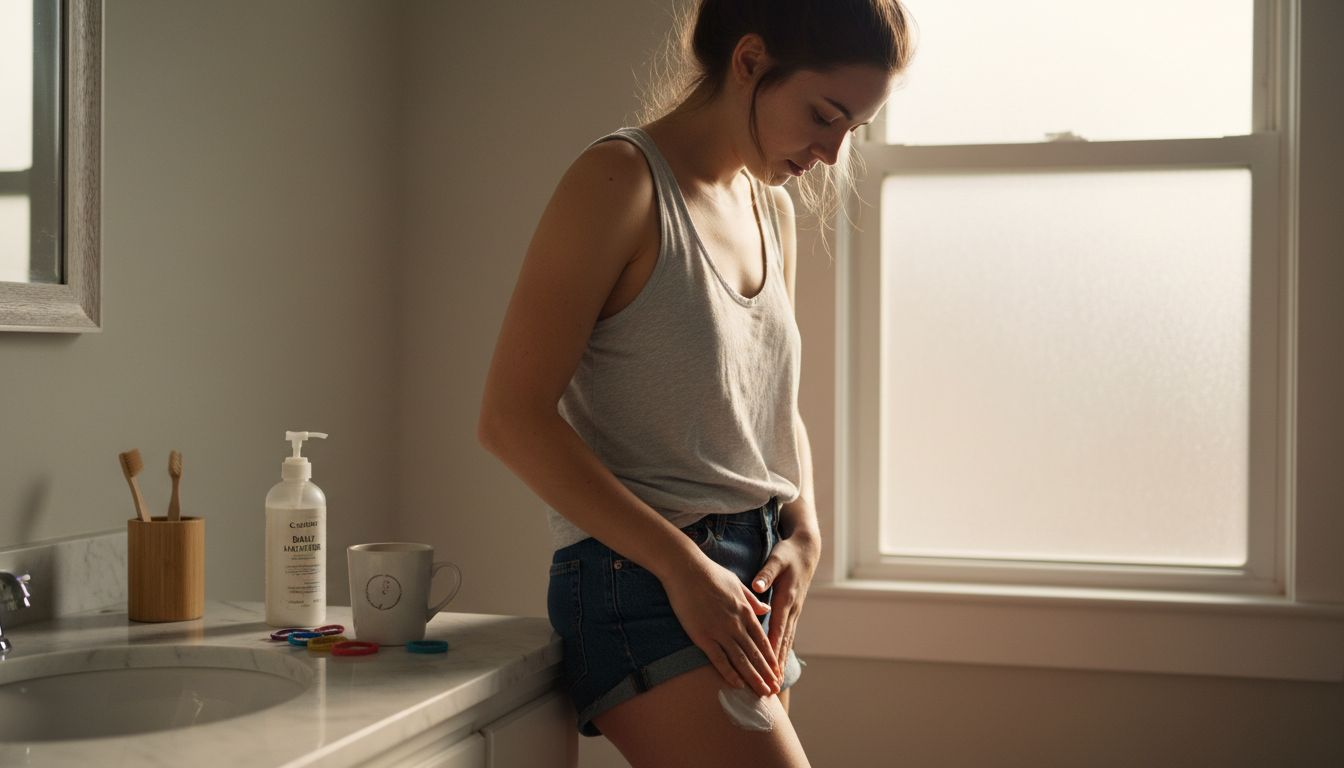 Woman applying cream at bathroom counter