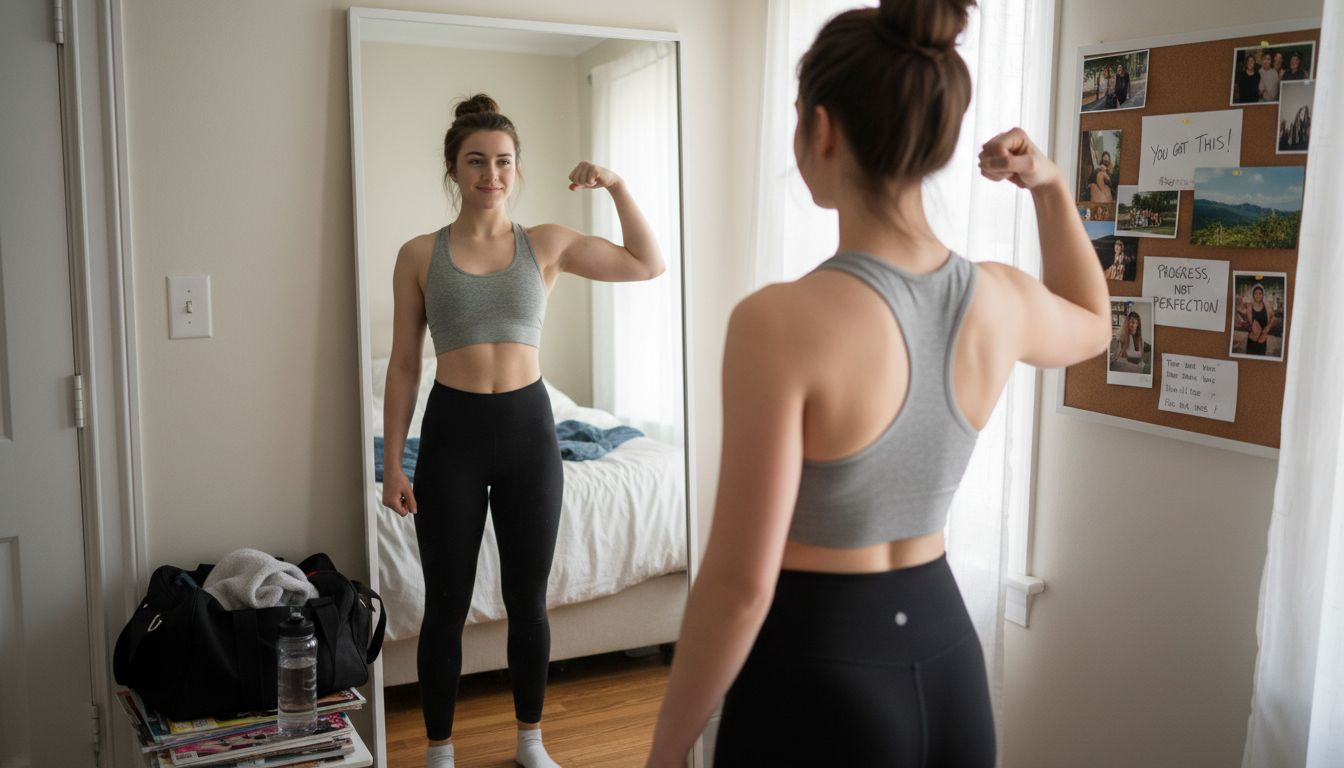Woman smiling in mirror showing body confidence