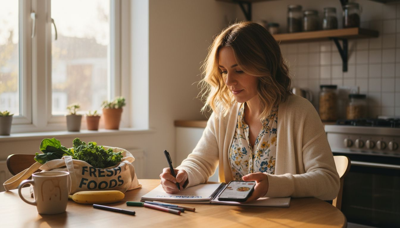 Woman meal planning at dining table