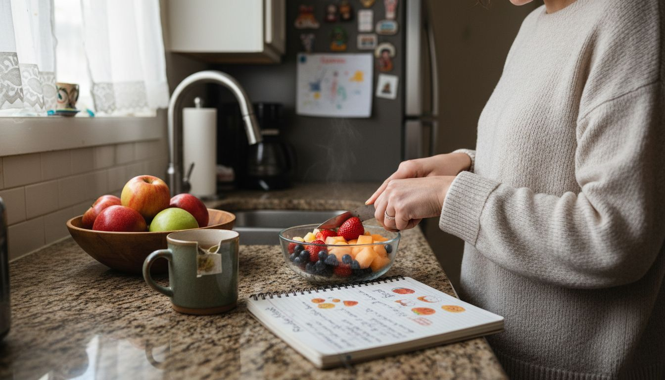Woman preparing snack in lived-in kitchen