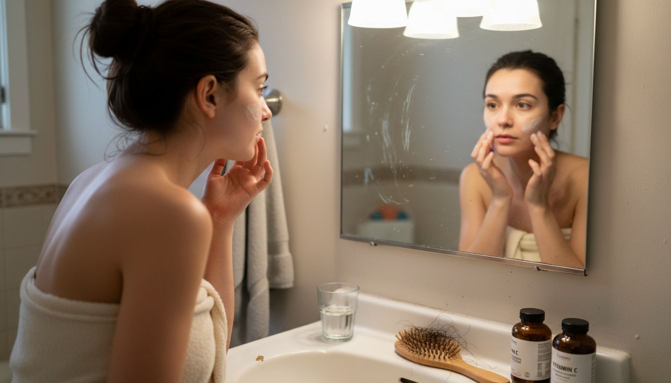Woman applying moisturizer after taking supplements