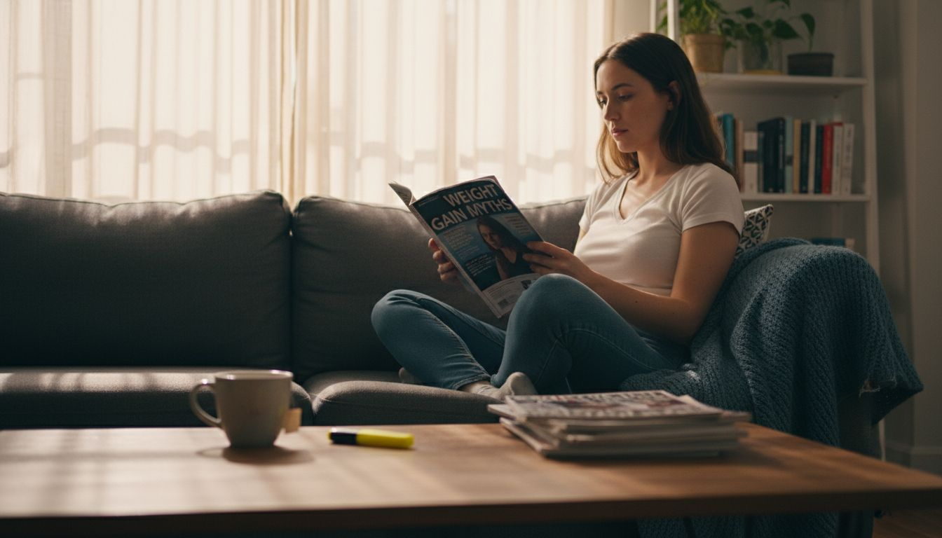 Woman reading about weight gain on couch