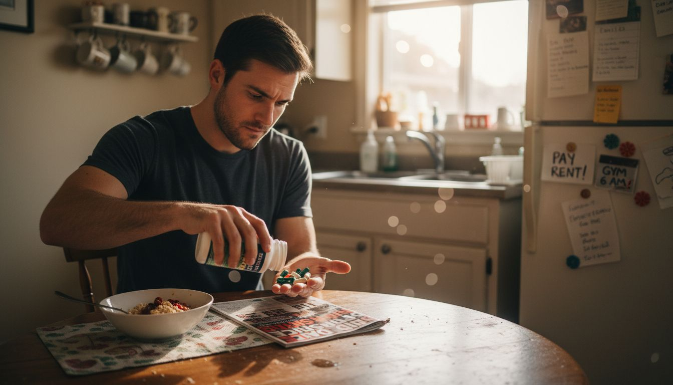 Man preparing supplements at cluttered kitchen table