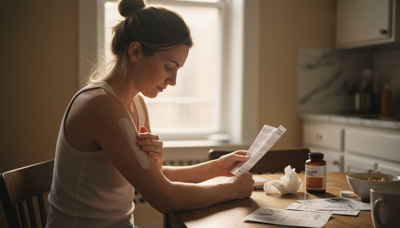 Woman applying enhancement cream and reading instructions