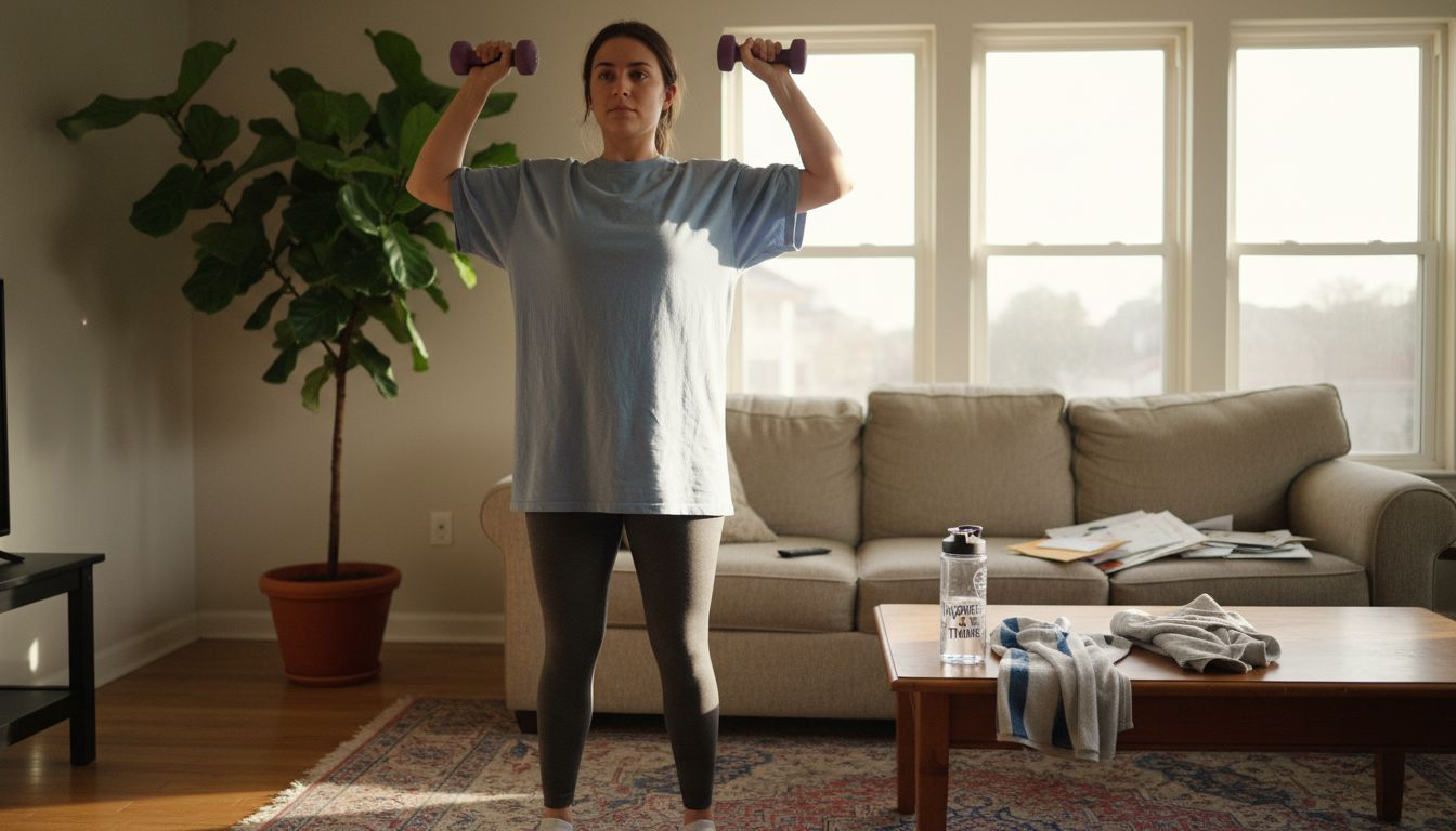 Woman lifting dumbbells in living room workout