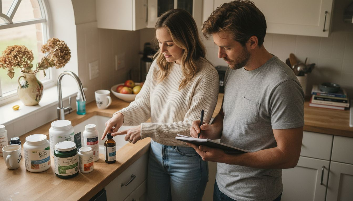 Couple reviewing curve support products kitchen