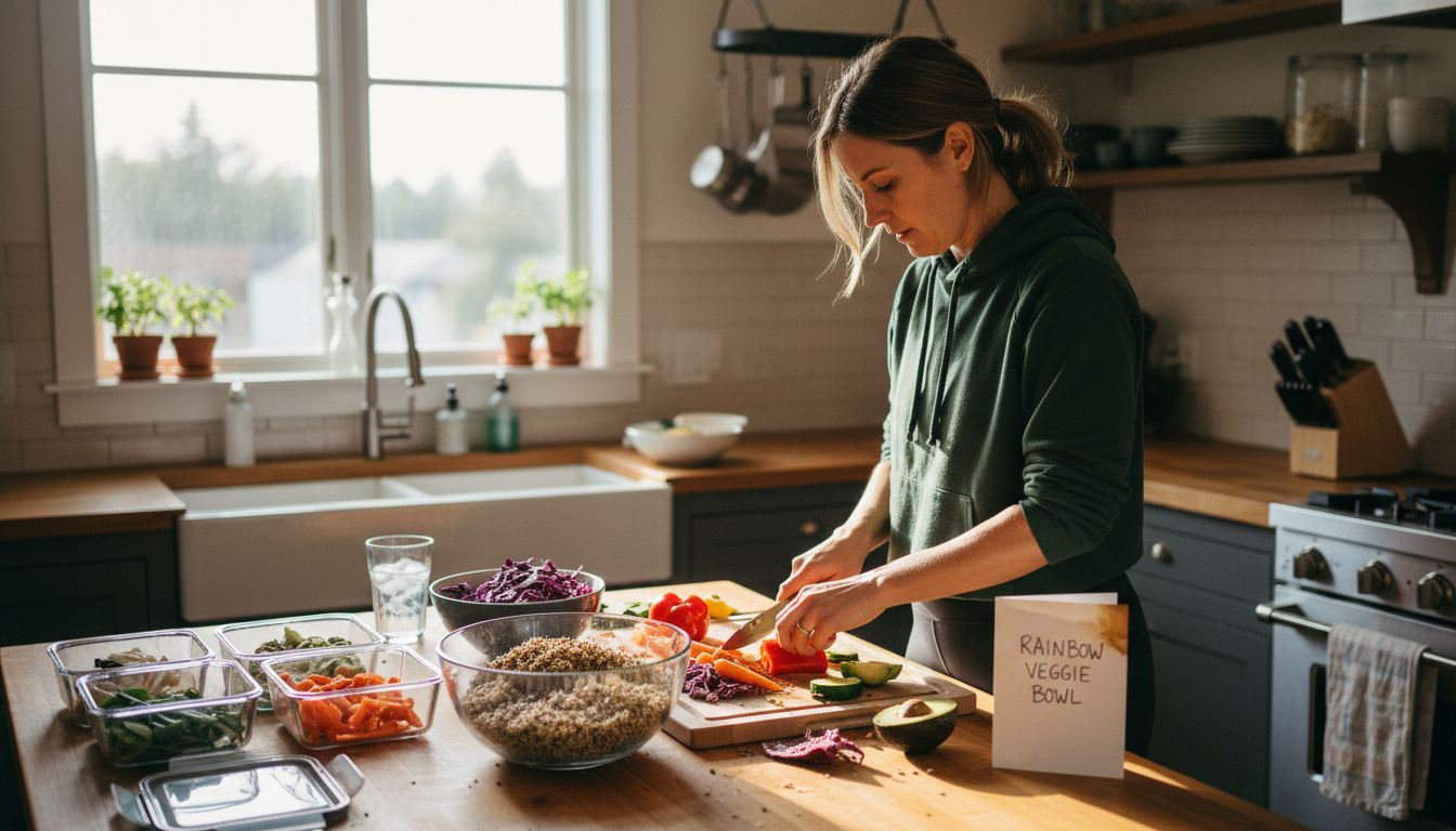 Woman prepping nutrient-dense meal in kitchen