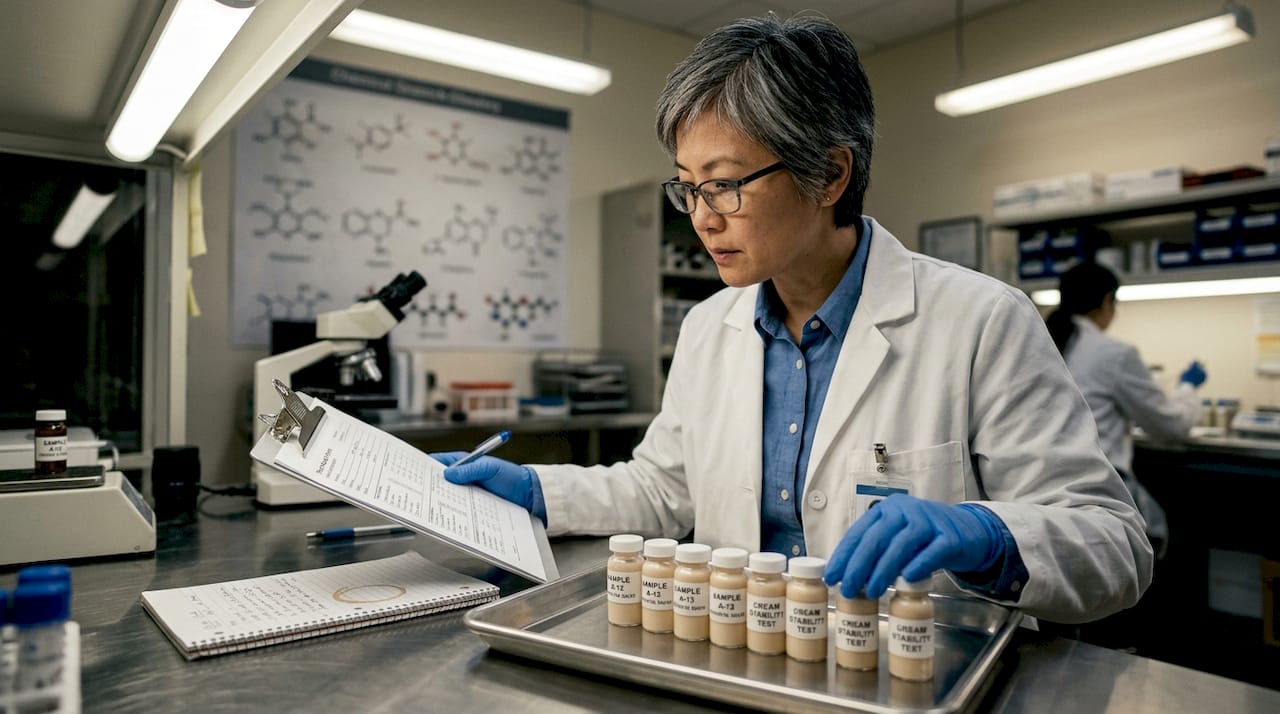 Lab technician reviewing topical cream results