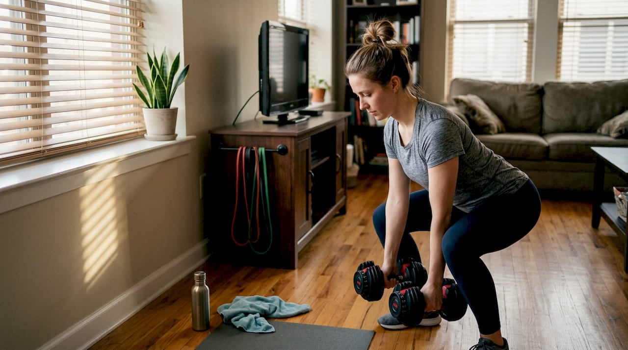 Woman lifting weights during home workout