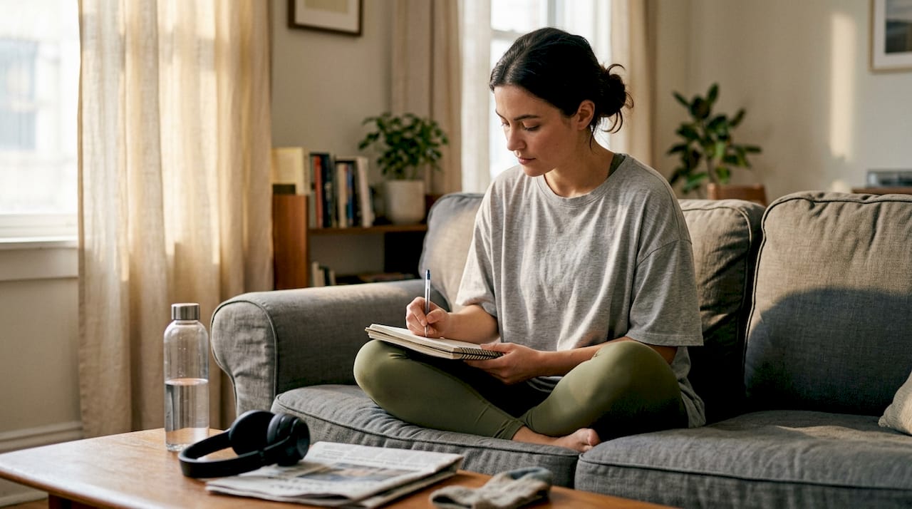 Woman journaling self-care checklist at home