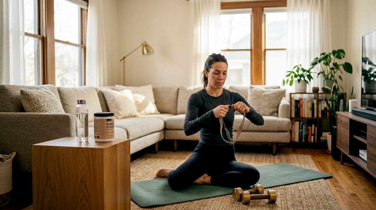 Woman starting resistance workout at home