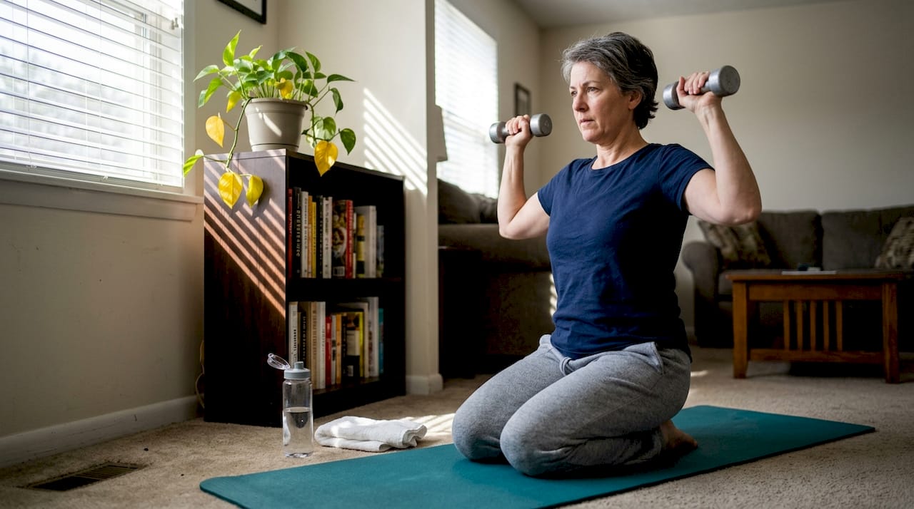 Midlife woman strength training in living room
