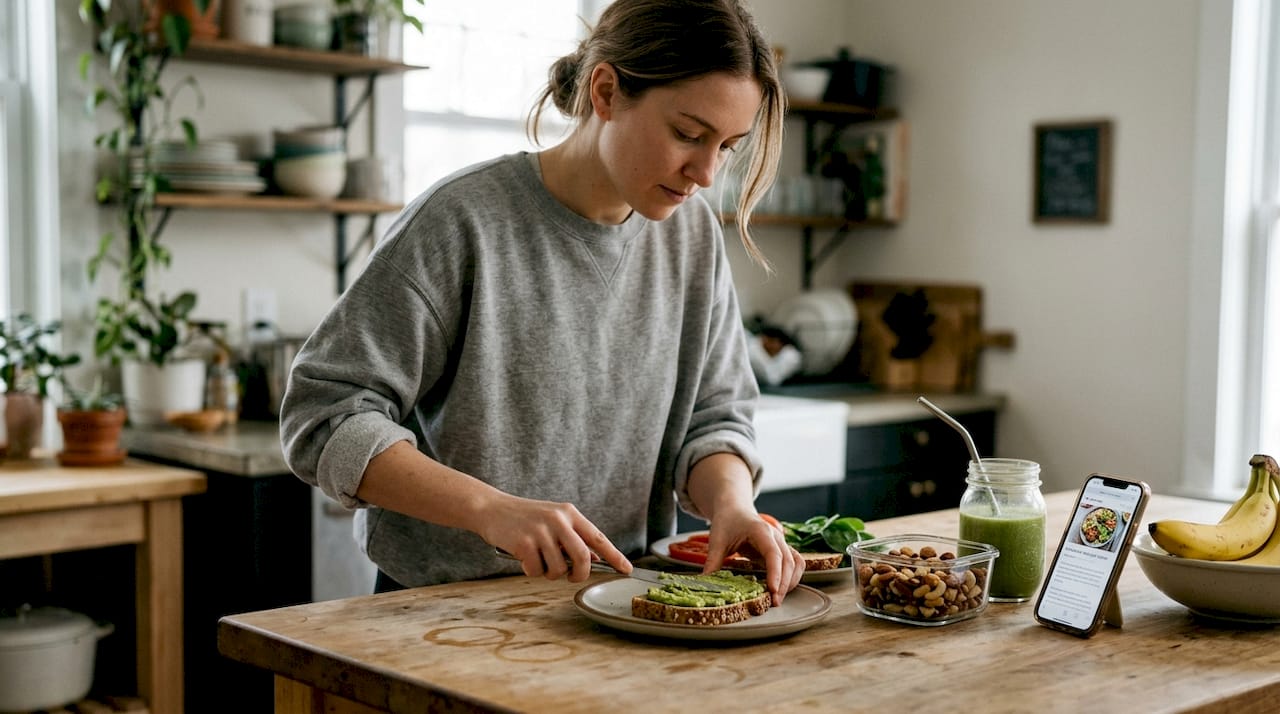 Young woman preparing healthy meal in kitchen