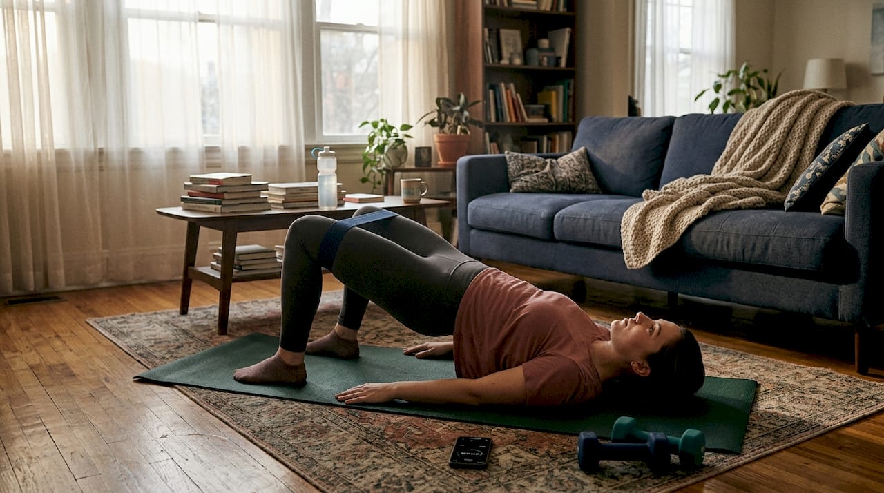 Woman performing glute bridge exercise at home